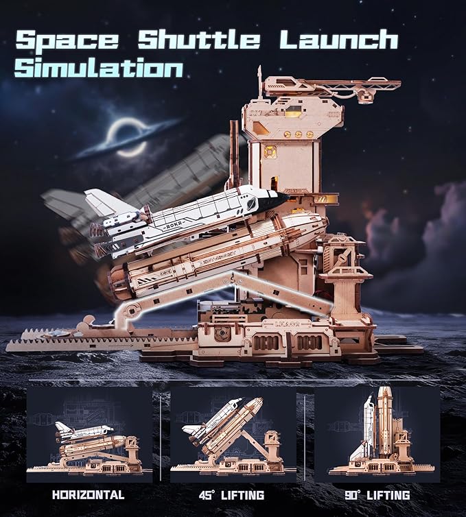 ROKR 3D Puzzles Space Shuttle Model - Dynamic Launch Base with Motorized Lift, LED Light Effects, 1:420 Scale Collectible Building Kit