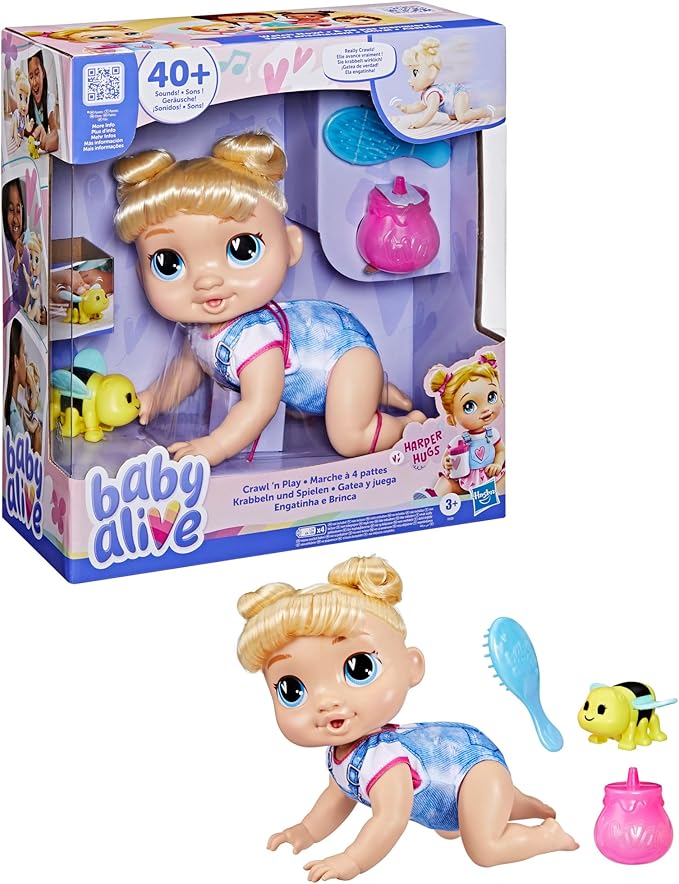 Baby Alive Crawl 'n Play Harper Hugs Electronic Crawling Baby Doll Set, Blonde Hair, Kids Toys for Girls & Boys 3 Years & Up, 10.75 Inches