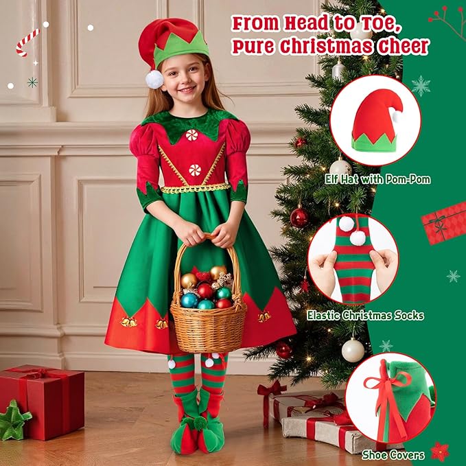 Meland Elf Costume for Girls - Light Up Elf Dress with for Kids 3-6 Years Old, Christmas Costume for Toddler