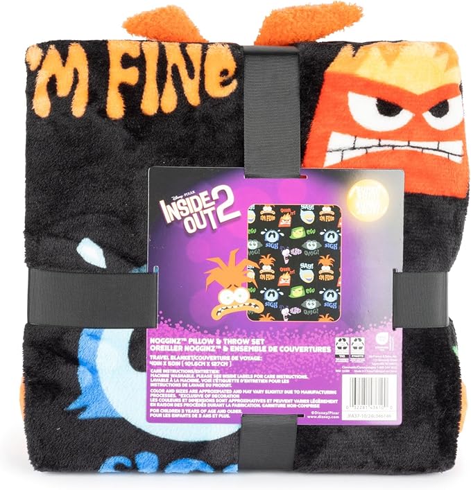 Jay Franco Disney Pixar Inside Out Anxiety Nogginz Set - 40 x 50 Inch Lightweight Travel Throw Blanket & Pillow - Kids Super Soft 2 Piece Bedding Set