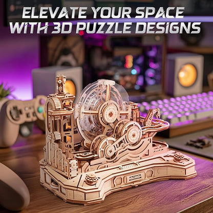 ROKR 3D Wooden Puzzles for Adults Miniature Marble Run Building Toys,DIY Pinball Machine Model Kits-Gear Ball Challenge EGC01