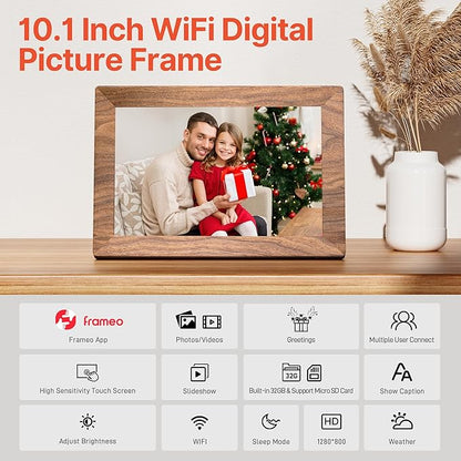 Frameo 10.1" Digital Picture Frame with 32GB Memory WiFi Electronic Photo Frame Wood 1280 x 800 IPS Touch Screen Auto-Rotate Slideshow Wall Mountable Share Photos/Video Remotely Anywhere