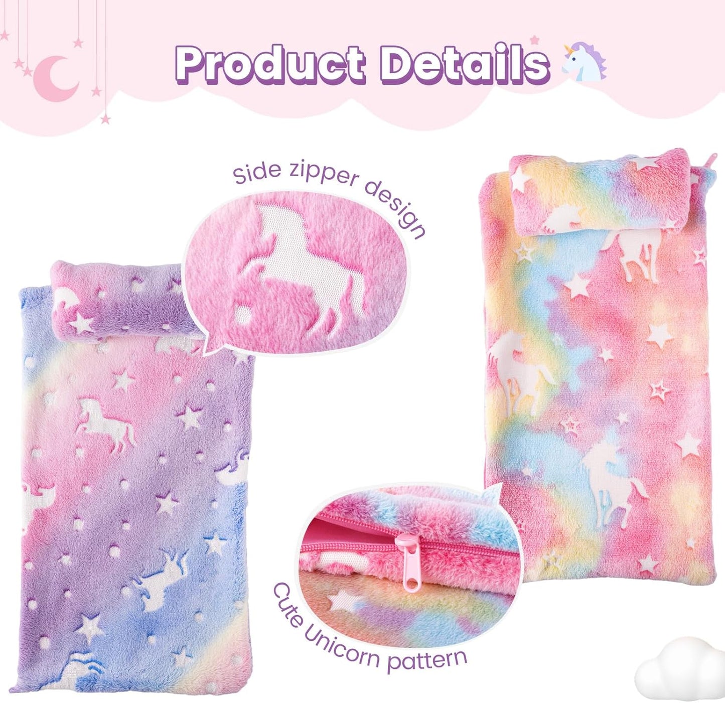 BABESIDE 2 Pcs Reborn Baby Doll Bedding Set for 12-17 Inch Dolls, Unicorn & Star Pattern Doll Blanket and Pillow Set, Soft Plush Bedding for Pretend Play and Dollhouse Accessories