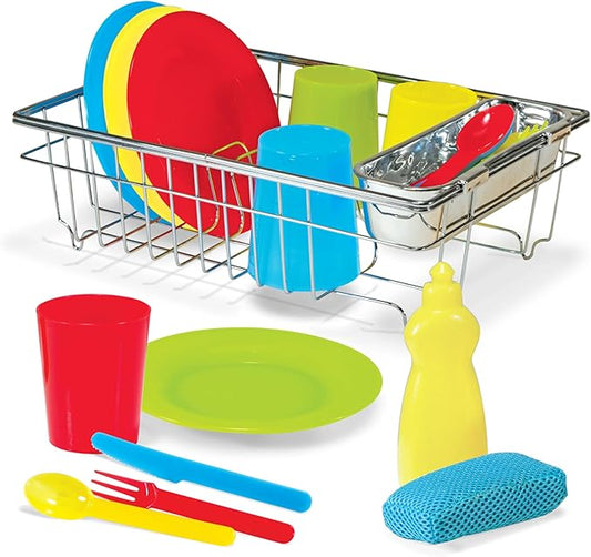 Melissa & Doug Wash and Dry Dish Set - 24 Pieces Kids Play Dishes, Play Kitchen Accessories, Toy Dishes for Kids Kitchen Ages 3+