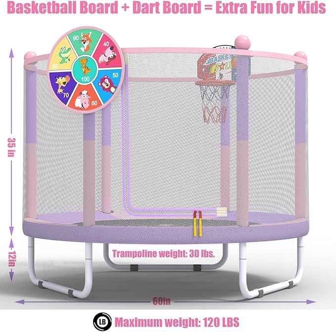 LANGXUN 60" Trampoline for Kids, 5ft Toddler Mini 6-in-1 Trampoline Indoor Outdoor with Swing, Basketball Hoop, Dart Board, Rings, Christmas Toys Birthday Gifts for Girls Boys