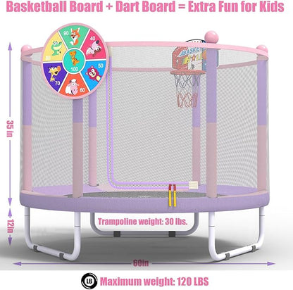 LANGXUN 60" Trampoline for Kids, 5ft Toddler Mini 6-in-1 Trampoline Indoor Outdoor with Swing, Basketball Hoop, Dart Board, Rings, Christmas Toys Birthday Gifts for Girls Boys