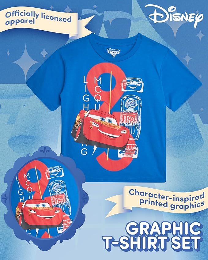 Disney Cars Toy Story Boys Shirts - 2 Pack Lightning McQueen Buzz Lightyear Short Sleeve Boys Tees for Toddler and Little Boy