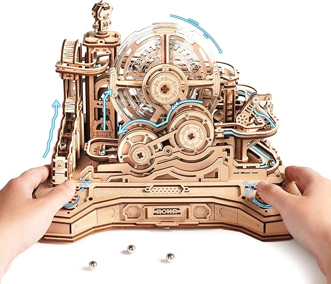 ROKR 3D Wooden Puzzles for Adults Miniature Marble Run Building Toys,DIY Pinball Machine Model Kits-Gear Ball Challenge EGC01