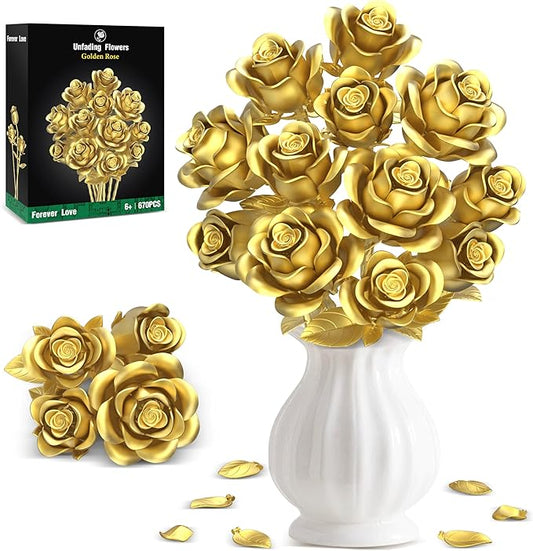 Metallic Gold Roses Flower Bouquet Building Sets, 670Pcs Golden Roses Botanical Collection Compatible with Lego Flowers Valentines Day Gifts for Her Women Girlfriend Wife Gothic Romantic Decor