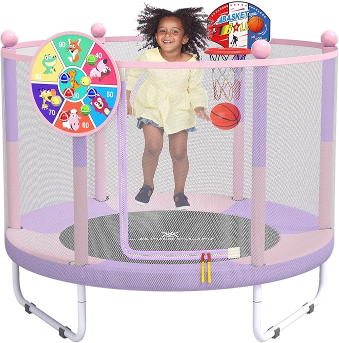 LANGXUN 60" Trampoline for Kids, 5ft Toddler Mini 6-in-1 Trampoline Indoor Outdoor with Swing, Basketball Hoop, Dart Board, Rings, Christmas Toys Birthday Gifts for Girls Boys
