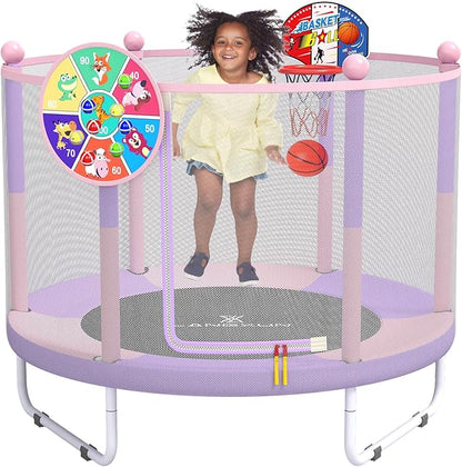 LANGXUN 60" Trampoline for Kids, 5ft Toddler Mini 6-in-1 Trampoline Indoor Outdoor with Swing, Basketball Hoop, Dart Board, Rings, Christmas Toys Birthday Gifts for Girls Boys