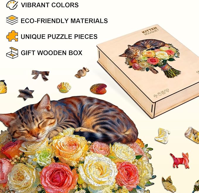 Cat Flower Bouquet Puzzles Adults Gifts Wooden 150 Pieces 11.4 * 10.3in