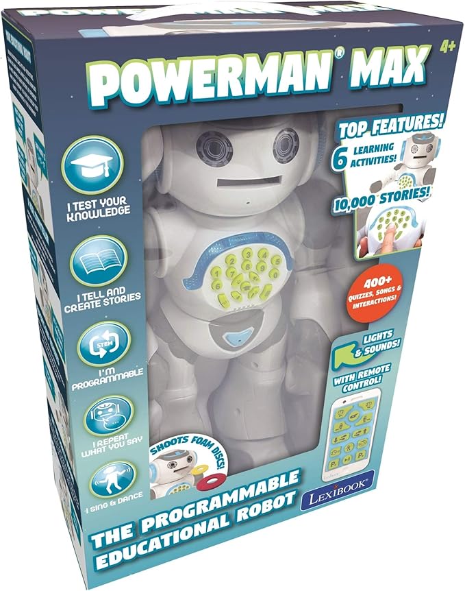 LEXiBOOK Powerman Max - Remote Control Walking Talking Toy Robot STEM Programmable Dances Sings Telling 10,000 Stories 300+ Learning Quiz Shooting Discs and Voice Repeat for Kids 4+ - ROB80EN, White