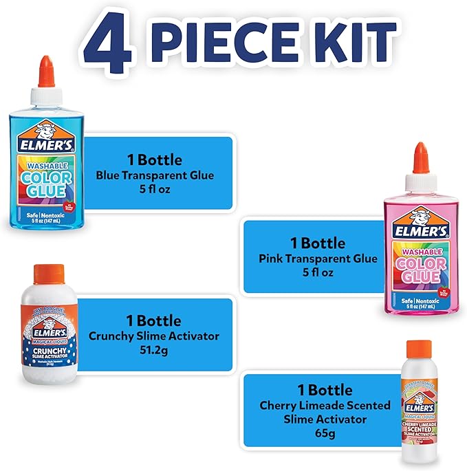 Elmer’s Neon Sky Slime Kit, Includes Transparent Color Liquid Glue, Crunchy and Cherry Limeade Scented Activators, 4 Piece Kit - Perfect for Birthday Parties, Gift Idea, Kids Activity