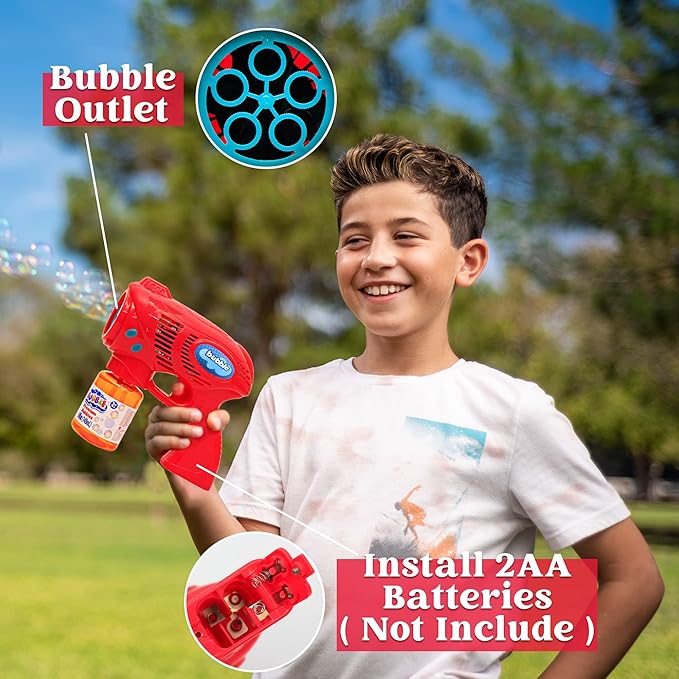 JOYIN 2 Bubble Guns with 2 Refill Solution (10 oz Total), Bubbles Maker, Blower, Machine Gun Blaster for Kids, Toddlers, Outdoors Activity, Party, Birthday Gift, Easter Toys (Blue+Red)