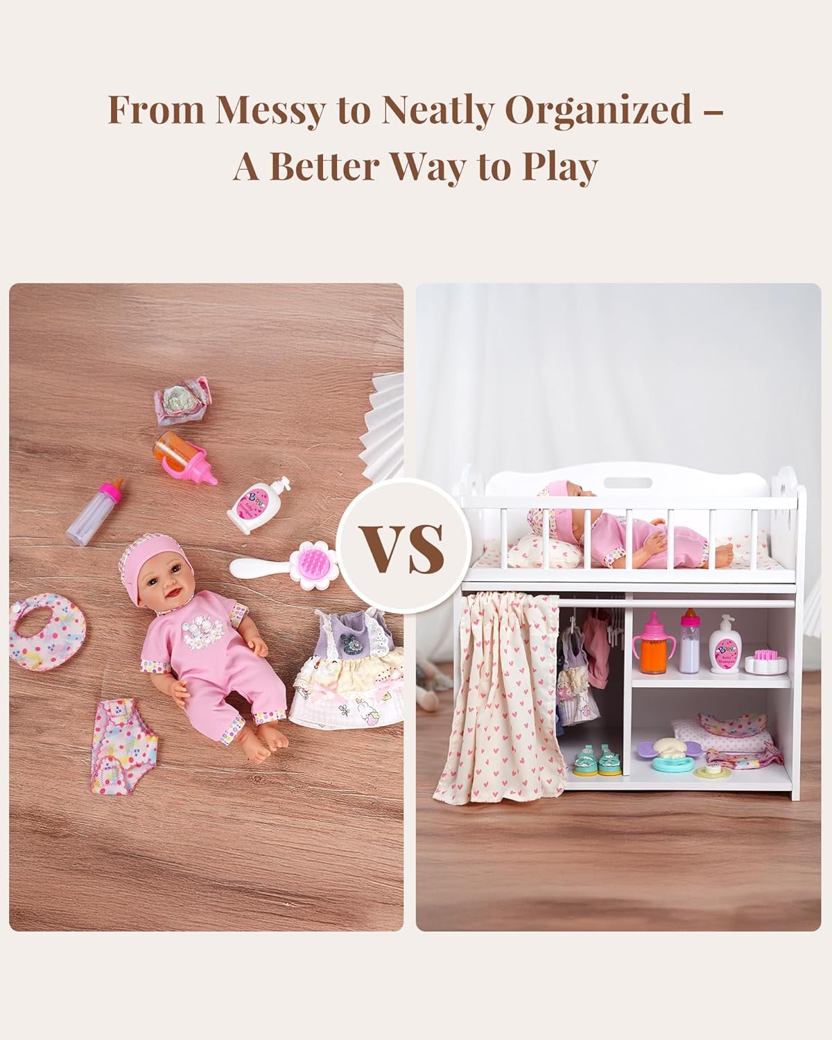 BABESIDE Baby Doll Crib & Bed with Storage, Bedding, and Accessories – Realistic Wooden Doll Bed for 12-16 Inch Baby Dolls, Perfect Baby Doll Accessories Gift for Kids Age 3+