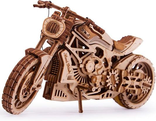 Wood Trick Motorcycle w/Rubber Band Motor Rides up to 16ft - Mechanical Model Kits for Adults - 10x4in - 3D Wooden Puzzles for Adults - Engineering DIY 3D Puzzle Wooden Models