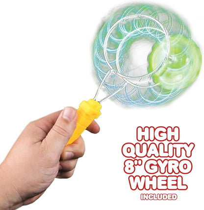 ArtCreativity Retro Gyro Wheel Toy with Rail Twirler - 8'' Gyro Toy and 8.5'' Magic Rail Twirler - Fun Spinning and Flashing Light Sensory Toy “ Great Gift for Boys and Girls