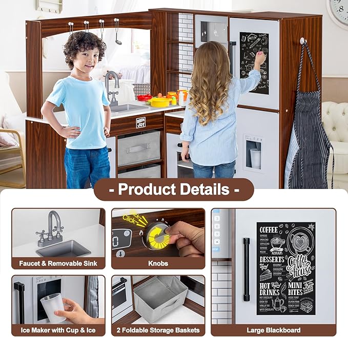 Corner Play Kitchen for Kids, Wooden Toddler Kitchen Playset w/Faucet, Sink, Microwave, Oven, Apron, Blackboard, Storage Cabinets, Pretend Cooking Toys w/Sound & Light Gift for Ages 3+