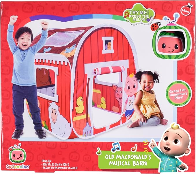 CoComelon Old MacDonald's Musical Barn Pop Up Tent – Easy to Setup Playhouse for Kids | Plays Music, Roll Up Door and Mesh Windows
