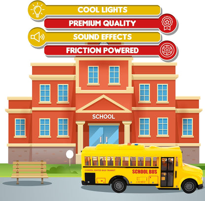 ArtCreativity Yellow School Bus Toy with Flashing Lights & Sound, Friction Powered 1/16 Scale School Bus Toy for Kids with 4 Sounds & Lights, Back & Side Doors Open, Easter Gifts for Kids Ages 3+