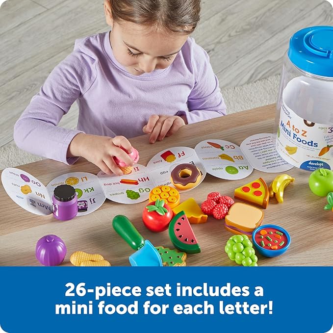 Learning Resources A to Z Mini Foods, Pretend Play Kitchen Accessories for Kids, Toddler Montessori, Fine Motor Skills, Gifts for Kids