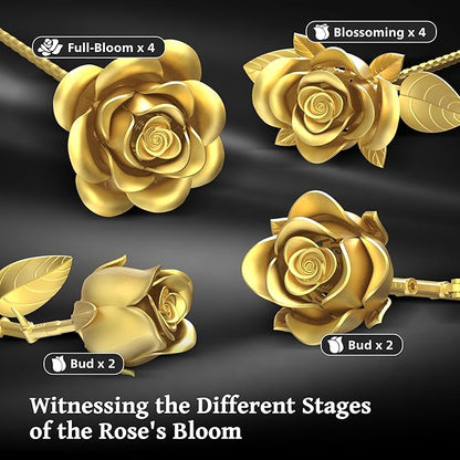 Metallic Gold Roses Flower Bouquet Building Sets, 670Pcs Golden Roses Botanical Collection Compatible with Lego Flowers Valentines Day Gifts for Her Women Girlfriend Wife Gothic Romantic Decor