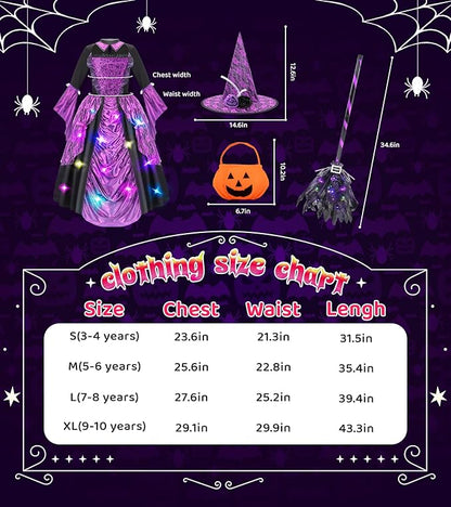 Meland Witch Costume for Girls - Light up Halloween Costumes for Kids Girl Dress up, Witch Dress for Toddler Girls Ages 3-10
