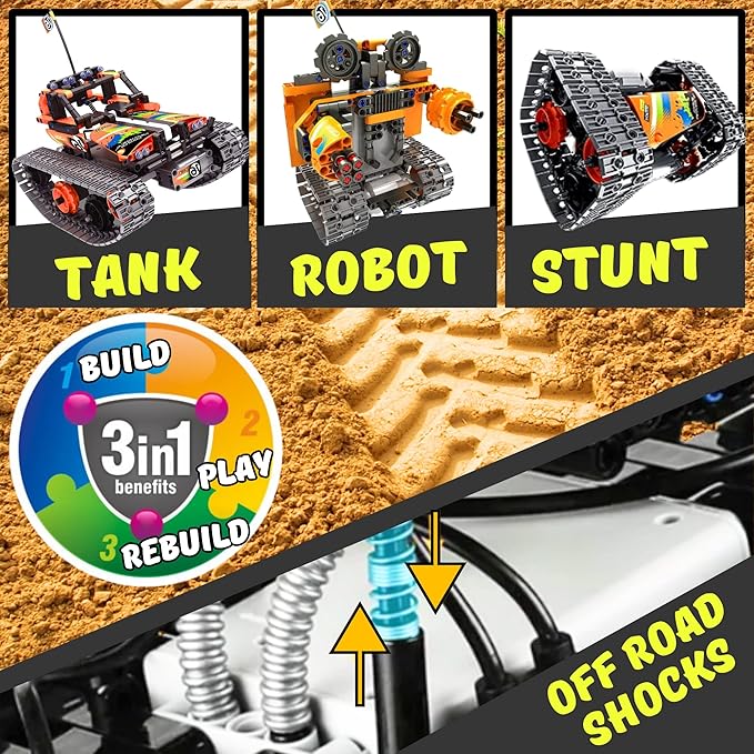 Kididdo Remote Control Car Building Toys for Boys Age 8-12 Fun STEM Robot Kit Cool Birthday Gifts for 8 to 14 Years Old Boys 3-in-1 Building Blocks RC Cars Kit to Build a Robot or Car