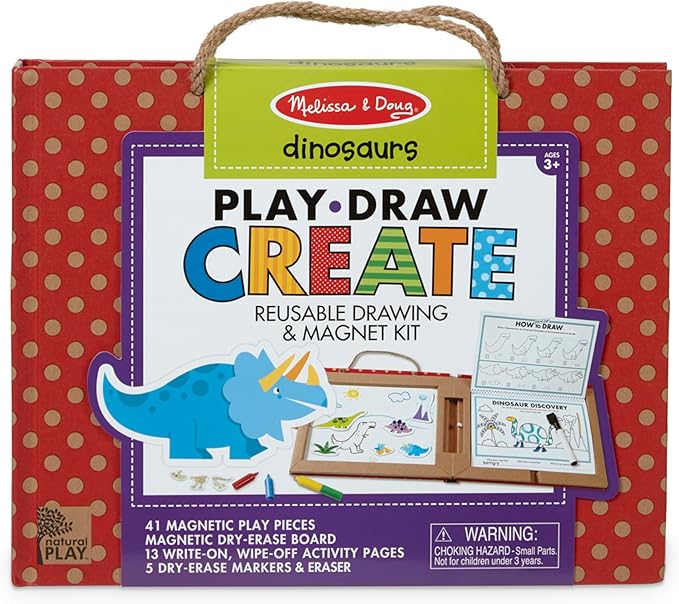 Melissa & Doug Natural Play: Play, Draw, Create Dinosaurs, Drawing Activity Set & Magnet Kit - Reusable Mess-Free Travel Activity Toy for Ages 3+(41 Magnets, 5 Dry-Erase Markers)