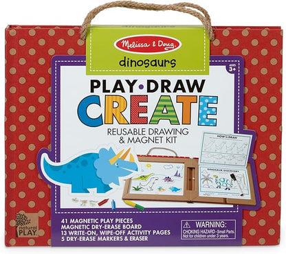 Melissa & Doug Natural Play: Play, Draw, Create Dinosaurs, Drawing Activity Set & Magnet Kit - Reusable Mess-Free Travel Activity Toy for Ages 3+(41 Magnets, 5 Dry-Erase Markers)