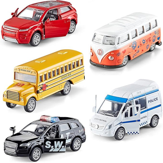 KIDAMI Die-cast Metal Toy Cars Set of 5, Openable Doors, Pull Back Car, Stocking Stuffers, Gift Pack for Kids Grandkids (Official Car)