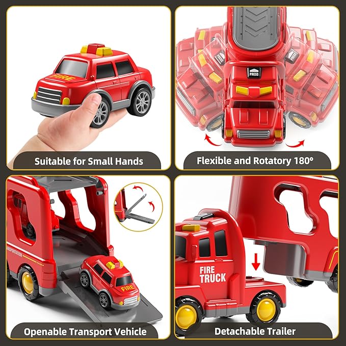 7-in-1 Fire Trucks for 3 4 5 6 Years Old Boys - Transport Car for Toddlers 4-6, Sound and Light Kids Toys for Ages 2-4, Gift for Ages 5-7, 4-8 Year Old Girl Birthday Gifts