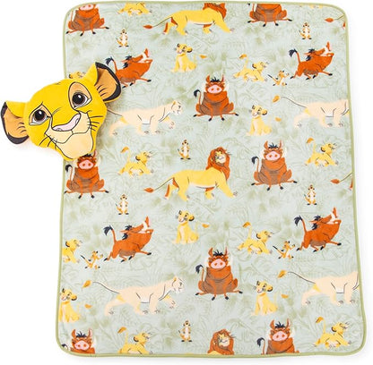 Jay Franco Disney Lion King Simba Nogginz Set - 40 x 50 Inch Lightweight Travel Throw Blanket & Plush Pillow with - Kids Super Soft 2 Piece Safari Animals Bedding Set