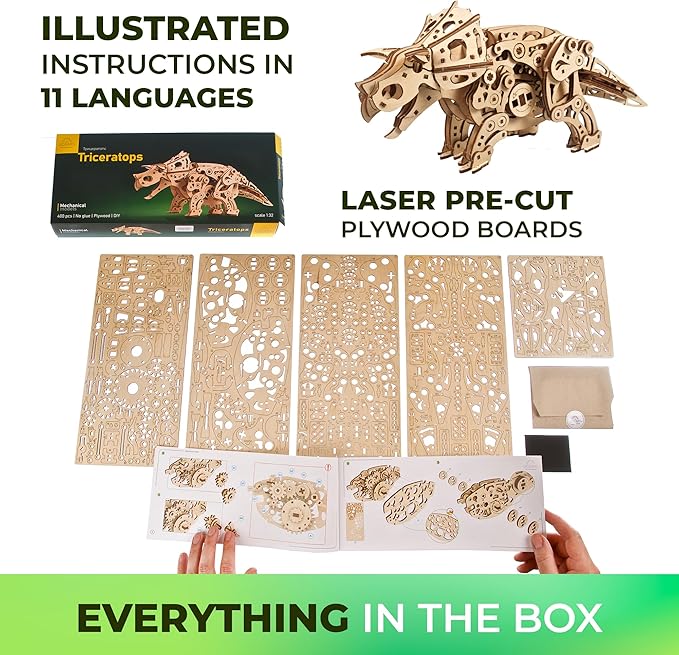 UGEARS Triceratops Dinosaur 3D Wooden Puzzles for Adults - Wooden Models Kits for Adults Dinosaur Model Kit Dino Wood Puzzle Animal Models for Adult Brain Teaser, Hobby Set