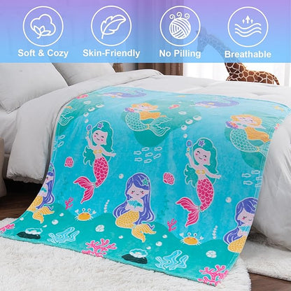 Mermaid Toys Gifts for Girls Kids - Glow in The Dark Ocean Blanket Best Birthday Christmas Valentines Easter Decor Presents for for Age 1-14 Years Old Teens Child Toddler Daughter Soft Throw 50"X60"