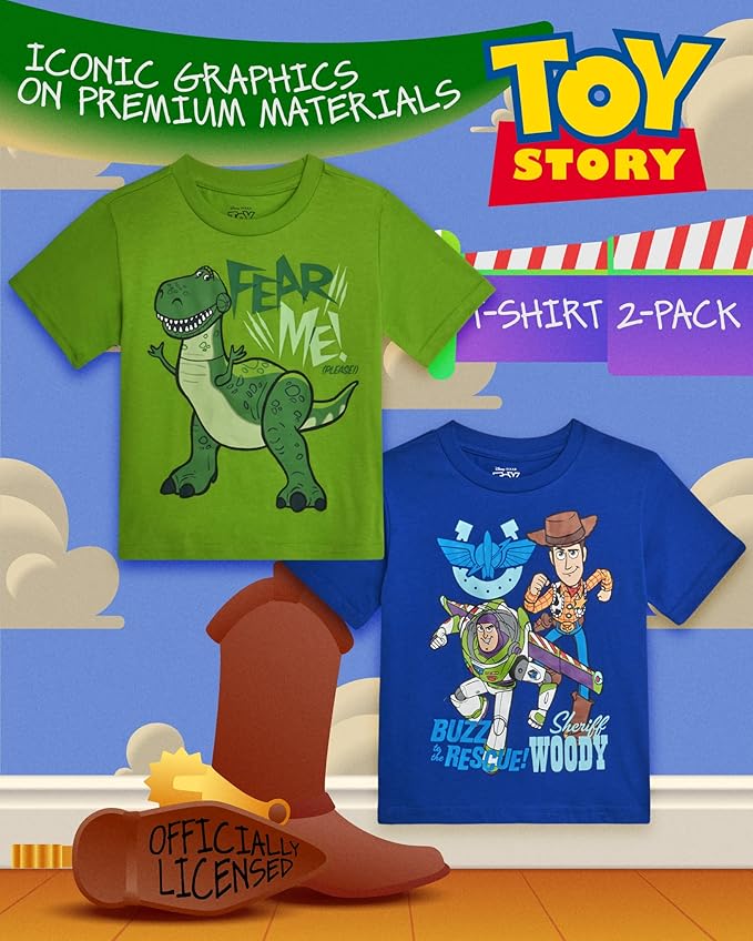 Disney Cars Toy Story Boys Shirts - 2 Pack Lightning McQueen Buzz Lightyear Short Sleeve Boys Tees for Toddler and Little Boy