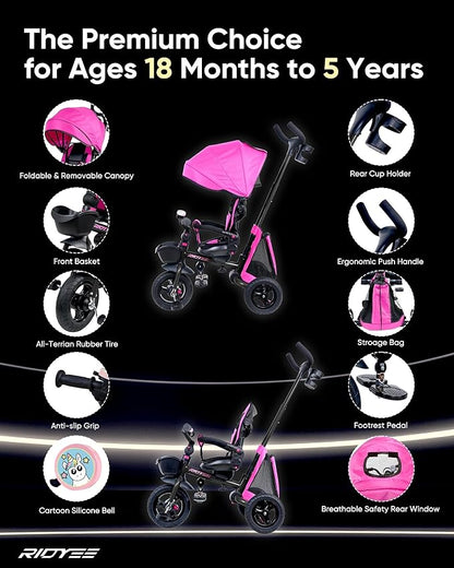 7-in-1 Folding Toddler Tricycle for 18 Months to 5 Years, Tricycle Stroller with Dual Brakes, All-Terrian Rubber Tire, Tricycle for Toddlers with Rotatable Seat, Adjustable Push Handle, Pink