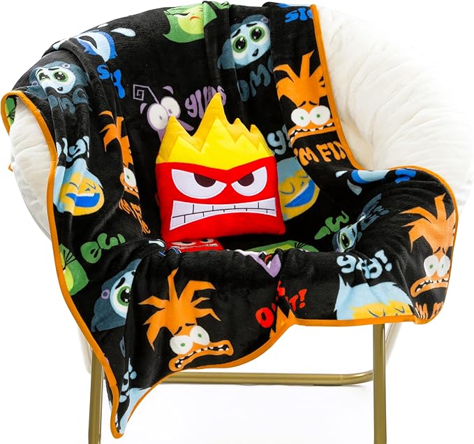 Jay Franco Disney Pixar Inside Out Anger Nogginz Set - 40 x 50 Inch Lightweight Travel Throw Blanket & Pillow - Kids Super Soft 2 Piece Bedding Set