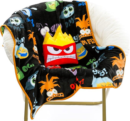 Jay Franco Disney Pixar Inside Out Anger Nogginz Set - 40 x 50 Inch Lightweight Travel Throw Blanket & Pillow - Kids Super Soft 2 Piece Bedding Set