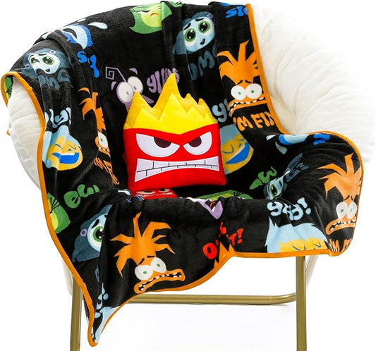 Jay Franco Disney Pixar Inside Out Anger Nogginz Set - 40 x 50 Inch Lightweight Travel Throw Blanket & Pillow - Kids Super Soft 2 Piece Bedding Set