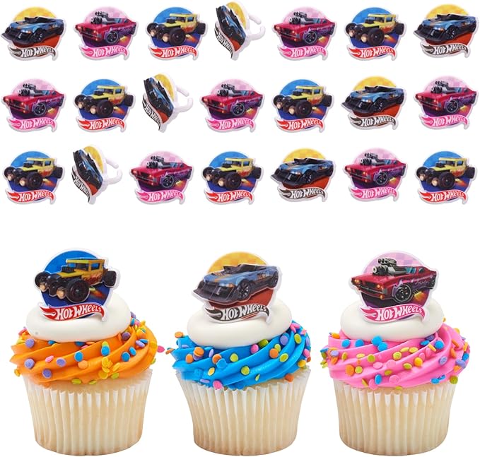 Hot Wheels™ Rings | 24 Epic Stunt Cupcake Toppers | DecoPac Hot Wheels Cars Cake Decorations, Multi-colored, Food Safe & Ready To Use - 24 Pack