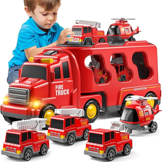 Truck Toys for 3 4 5 6 Years Old Boys, Toddler Car Toys for Toddler Boys Ages 3-5, Fire Toys Car Carrier Vehicle Toy Set, Kids Toys Truck Set for Age 3-9