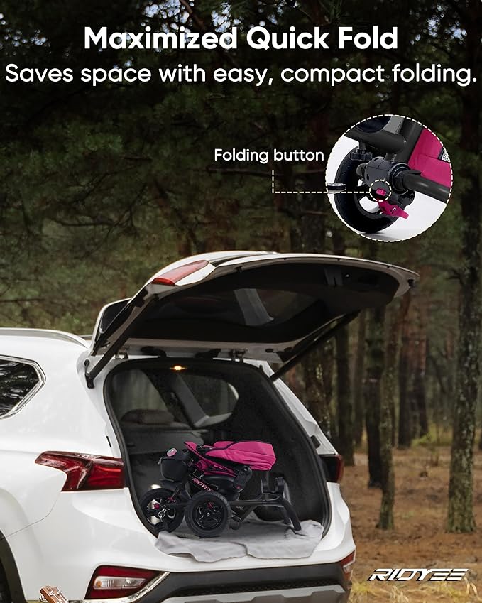 7-in-1 Folding Toddler Tricycle for 18 Months to 5 Years, Tricycle Stroller with Dual Brakes, All-Terrian Rubber Tire, Tricycle for Toddlers with Rotatable Seat, Adjustable Push Handle, Pink