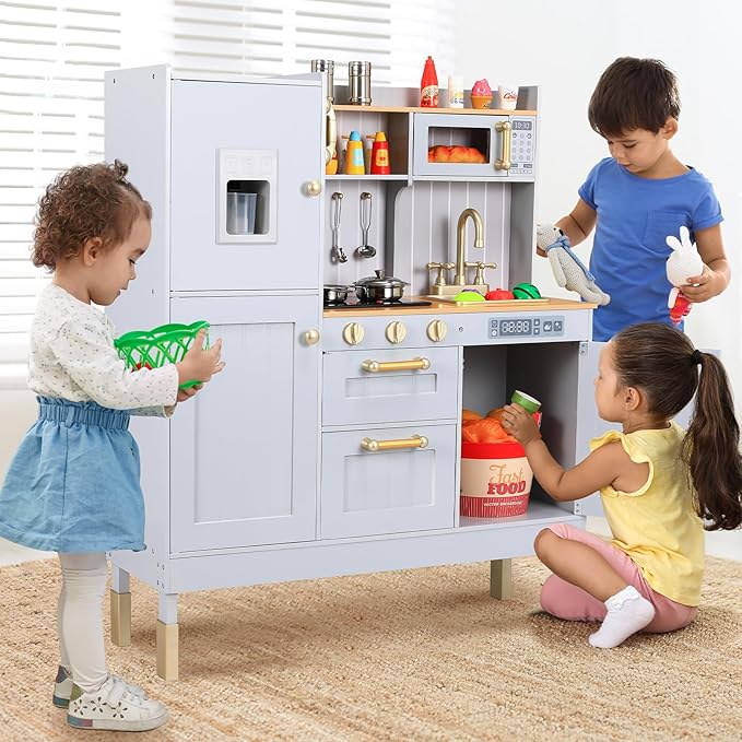 Arlopu Play Kitchen for Kids, Pretend Preschool Kitchen Sets, Wooden Cooking Playset w/Realistic Light & Sound, Telephone, Stove, Fridge, Microwave, Removable Sink, Water Dispenser (Gray)