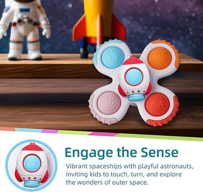 LiKee Strong Suction Cup Fidget Rotating Sensory Bath Toys for Baby 12 18 Months Airplane Car Travel Table & Window Toys for 1 2 Years Old Toddler Boys and Girls (Space-1)