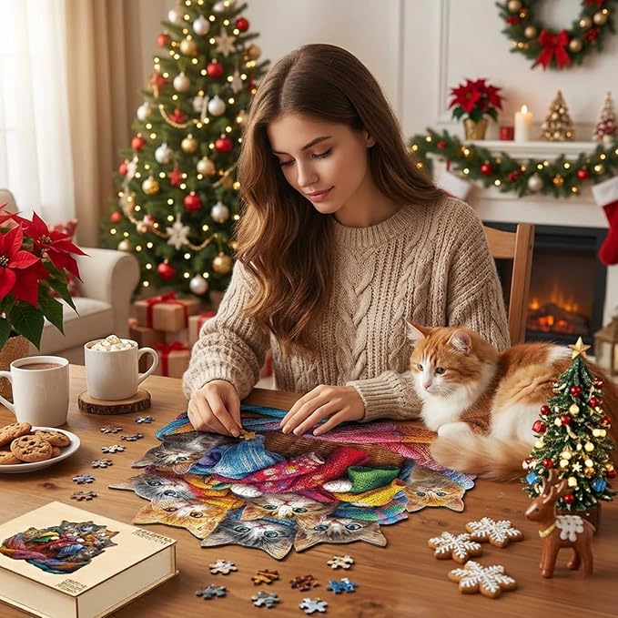 Colorful Fabric Cat Wooden Puzzles for Adults, Jigsaw Puzzles Unique Animal Shape Wood Puzzle Birthday for Women Friends Family, 185 Pieces 11.4 * 10.9in