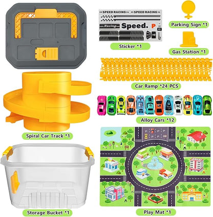 Toy Car Track Storage Playset - Toddler Toys for Ages 2-4, Toy Car Set for Hot Wheels & Matchbox with 12 Diecast Cars, PlayMat, Race Tracks, Car Ramp, Kids Birthyday Gift for 1 2 3 4 5 Year Old Boys