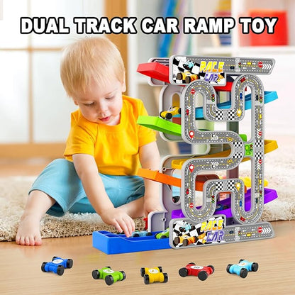 aotipol Toddler Toys for 2 3 Year Old Boy Girl, Double-Track Car Ramp Toy with Pull-Out Parking Lots & 10 Mini Cars, Montessori Toy Birthday Gift for Toddlers Boys Girls Age 18+ Month Old, New Track
