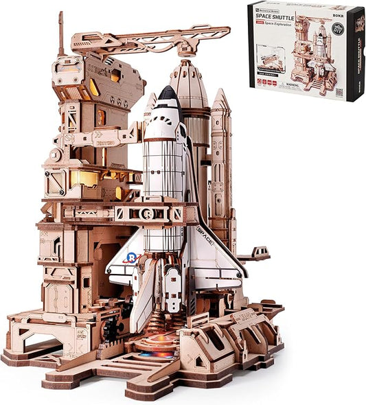 ROKR 3D Puzzles Space Shuttle Model - Dynamic Launch Base with Motorized Lift, LED Light Effects, 1:420 Scale Collectible Building Kit